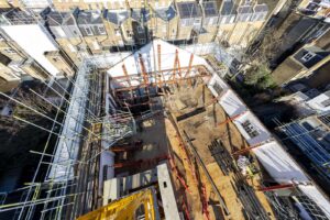 Aerial view of building site.