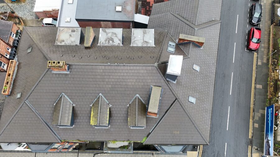 Aerial shot from a building survey, taken from a drone to demonstrate the usefulness of using drones on building surveys. 