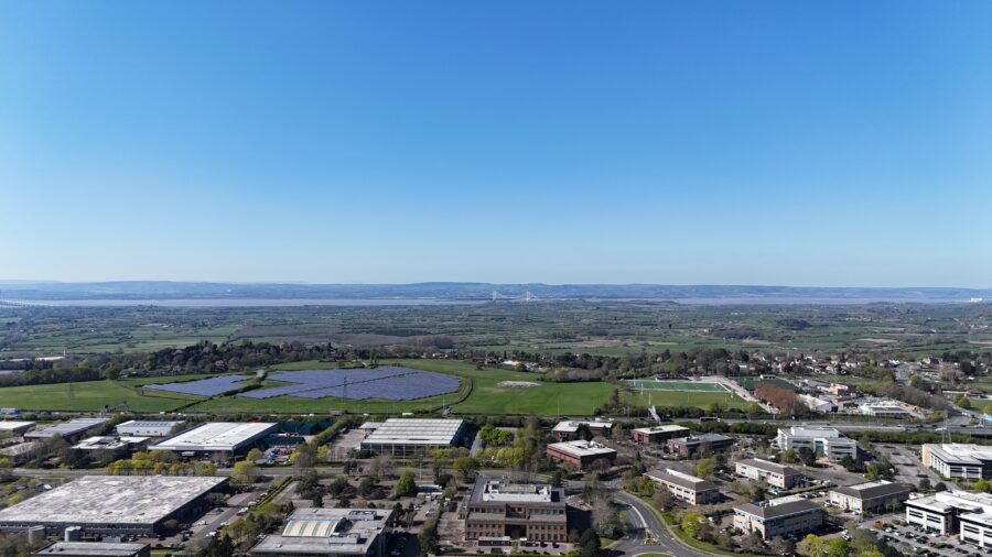 aerial image, taken by a drone, of a landscape in Bristol that shows the Bristol channel. 