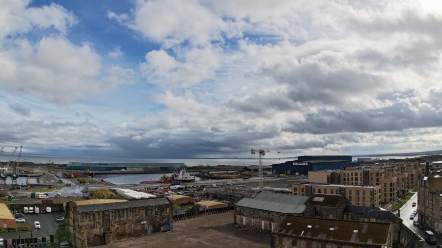 aerial image, taken by a drone, of a industrial estate. 