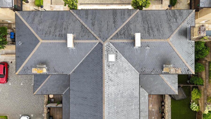 aerial image, taken by a drone, of a roof. 