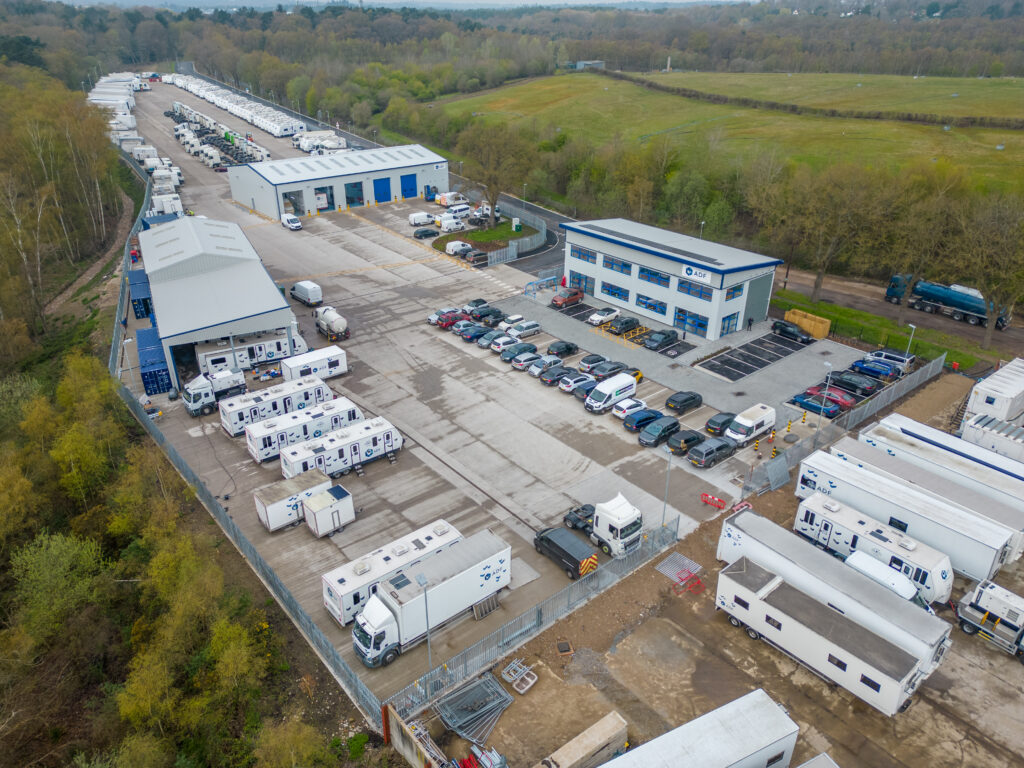Image of the recycling centre taken from the drone. The images shows the full plot, with three main buildings.