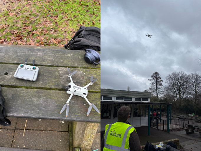 This image shows two pictures side by side. The left image shows a drone on a outside table ready to launch and the image on the right shows a surveyor launching the drone into the sky. 