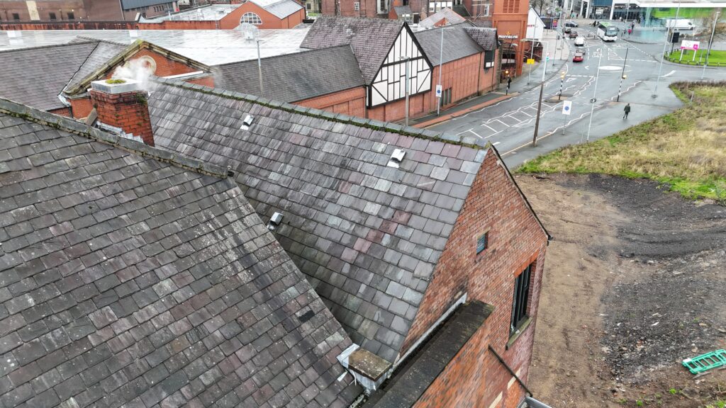 Ariel view of a Church hall building taken from a drone.